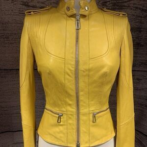 Karen Millen Butter Soft lamb Leather Yellow Biker Jacket Sz US 8